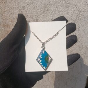 Silver Chain Necklace with Preserved Blue Flower Pendant
