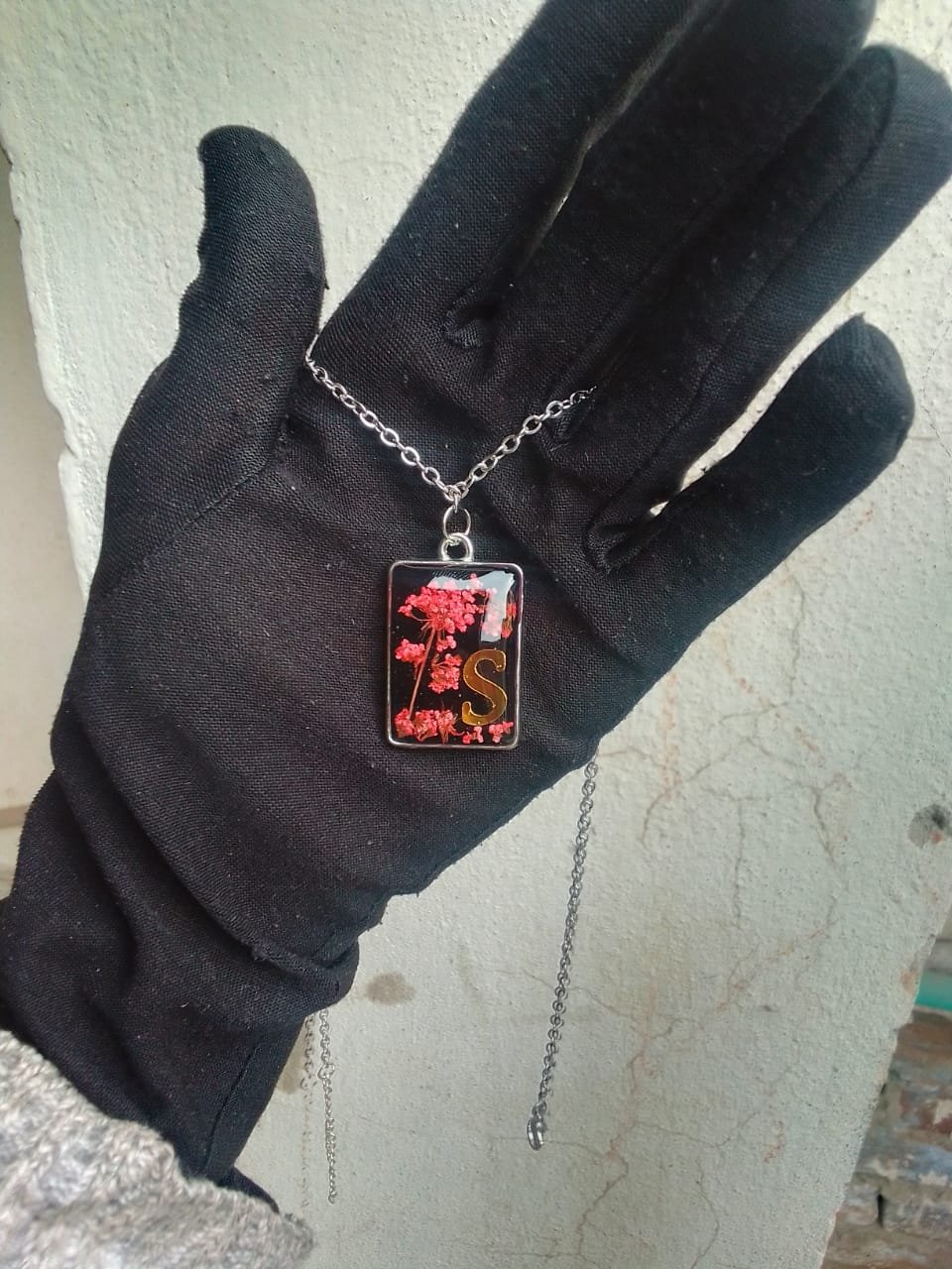 Resin Pendant Necklace with Dried Flowers and Gold Initial 'S'