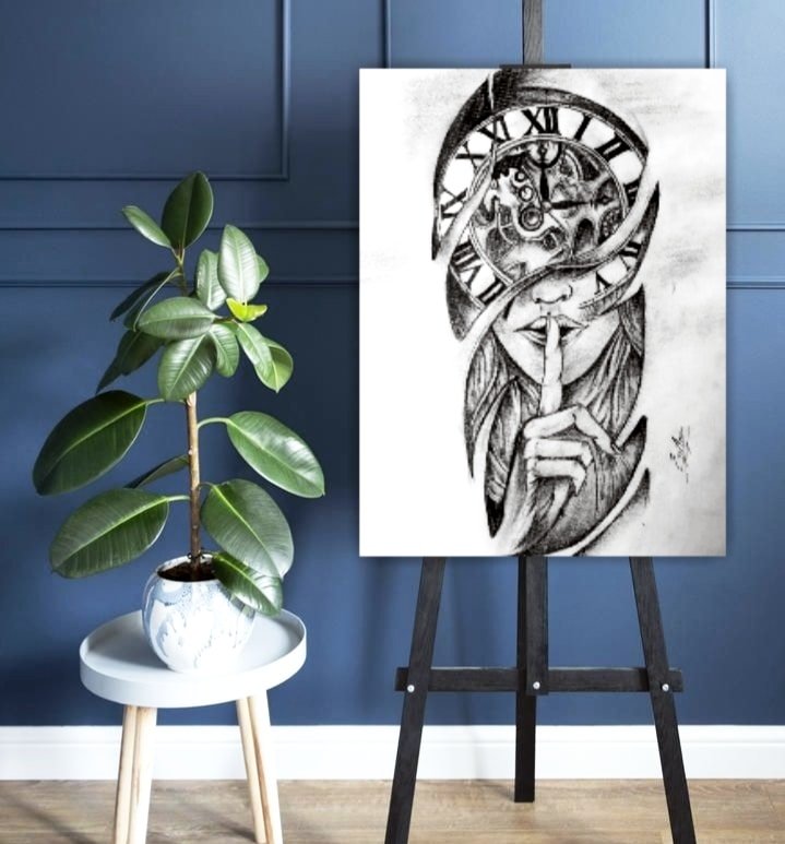 Monochrome Canvas Artwork - Woman with Clock Face