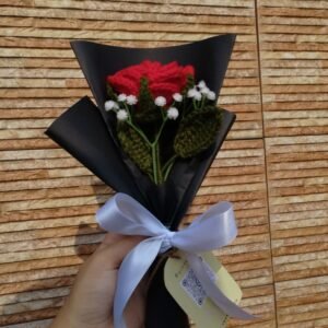 Handmade Crochet Bouquet - Red Rose and White Flowers