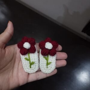 Handcrafted Crocheted Slippers with Maroon Flower Accents