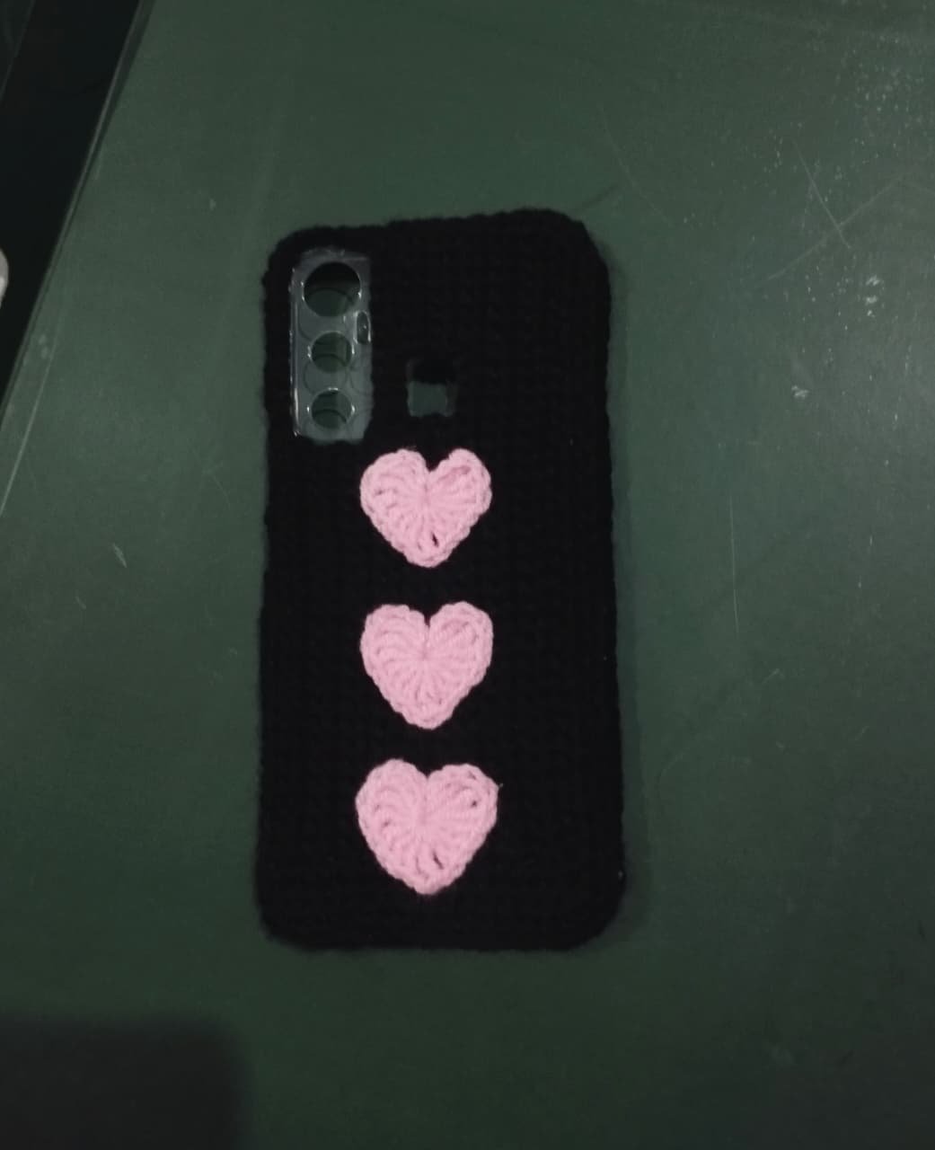 Crocheted Phone Cover with Pink Heart Appliqués