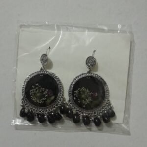 Round Oxidized Metal Earrings with Black Bead Danglers