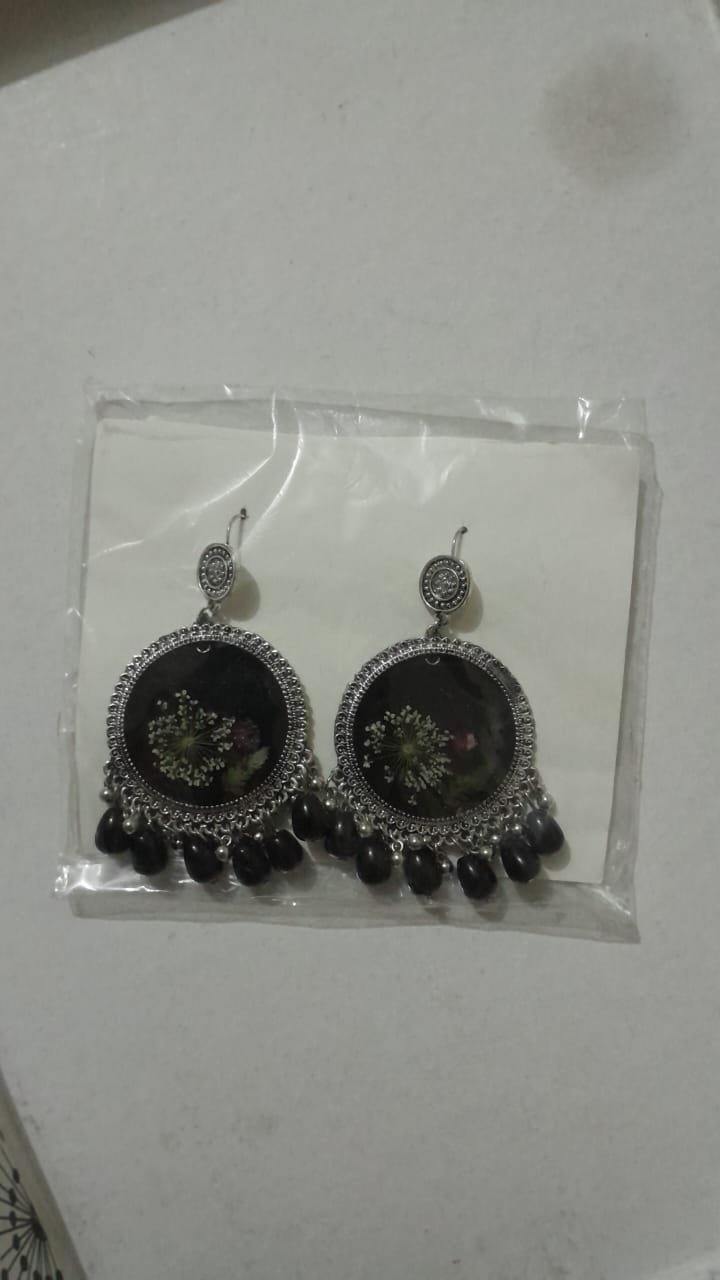 Round Oxidized Metal Earrings with Black Bead Danglers